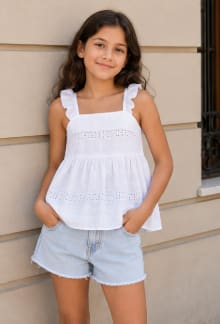 Girls White Eyelet Ruffle Strap Top – Sleeveless Summer Peplum Blouse, Fast Delivery in 5 Days