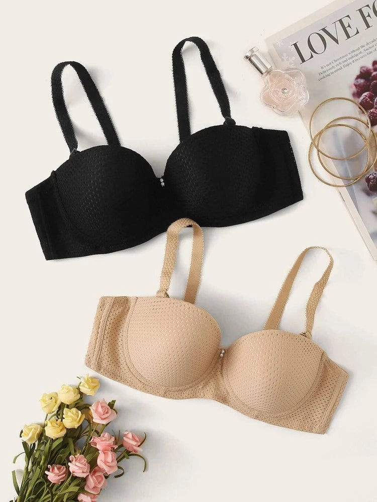 Women’s Seamless Push Up Bra 2 Piece Set – Strap Support Everyday Bra Pack – Black & Nude Comfortable Essential Bras