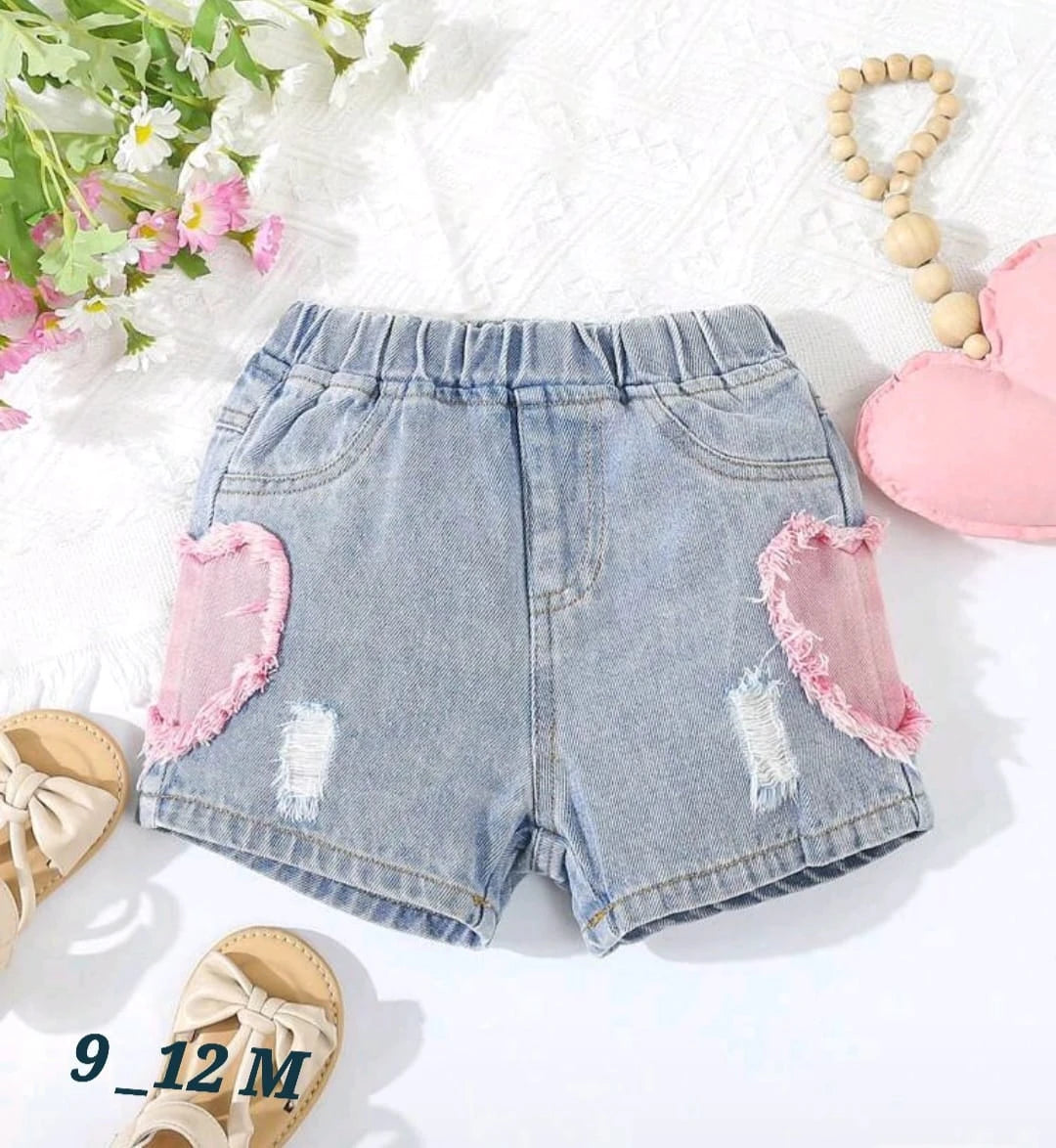 Girls Denim Shorts with Heart Details – Summer Style (9–12M)