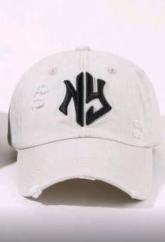 Beige NY Embroidered Baseball Cap – Distressed Casual Unisex Hat