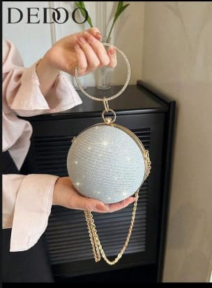Silver Round Rhinestone Evening Bag, Sparkly Ball Clutch with Gold Chain and Ring Handle