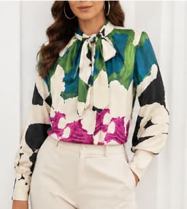 Women’s Abstract Print Tie Neck Blouse – Long Sleeve Elegant Shirt – Multicolor Statement Top