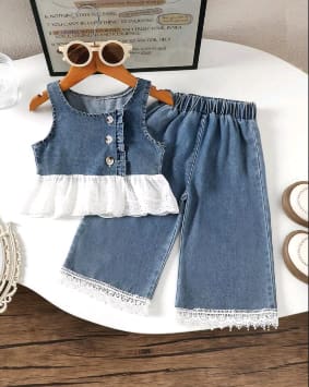 Girls Denim Lace Top and Wide-Leg Pants Set – SHEIN Fast Delivery in 5 Days