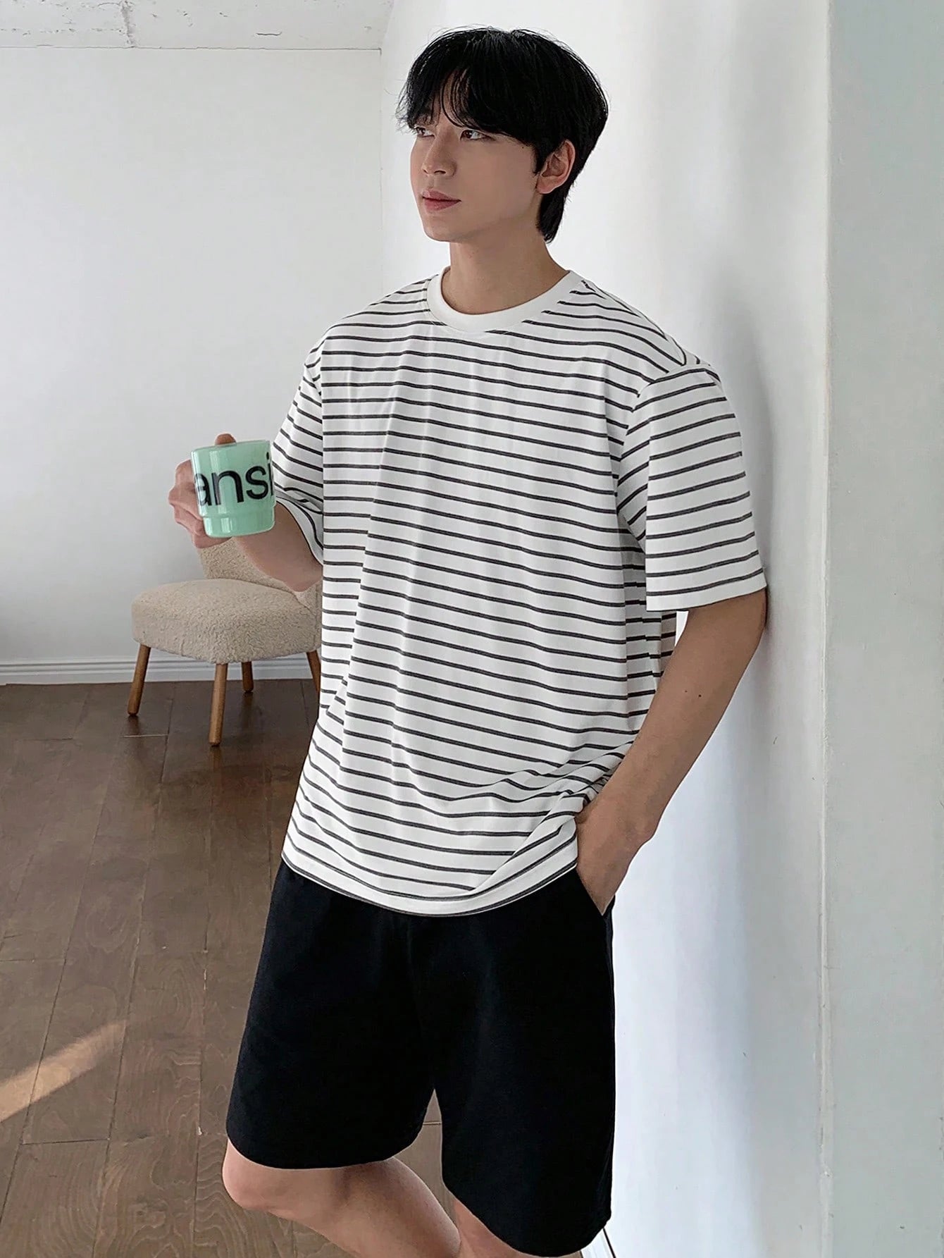 Men’s White Striped Oversized T-Shirt and Black Shorts Set