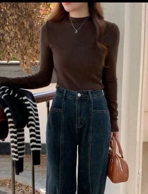 Coffee Brown Fitted Long Sleeve Top for Women with High Neck Stretch Design