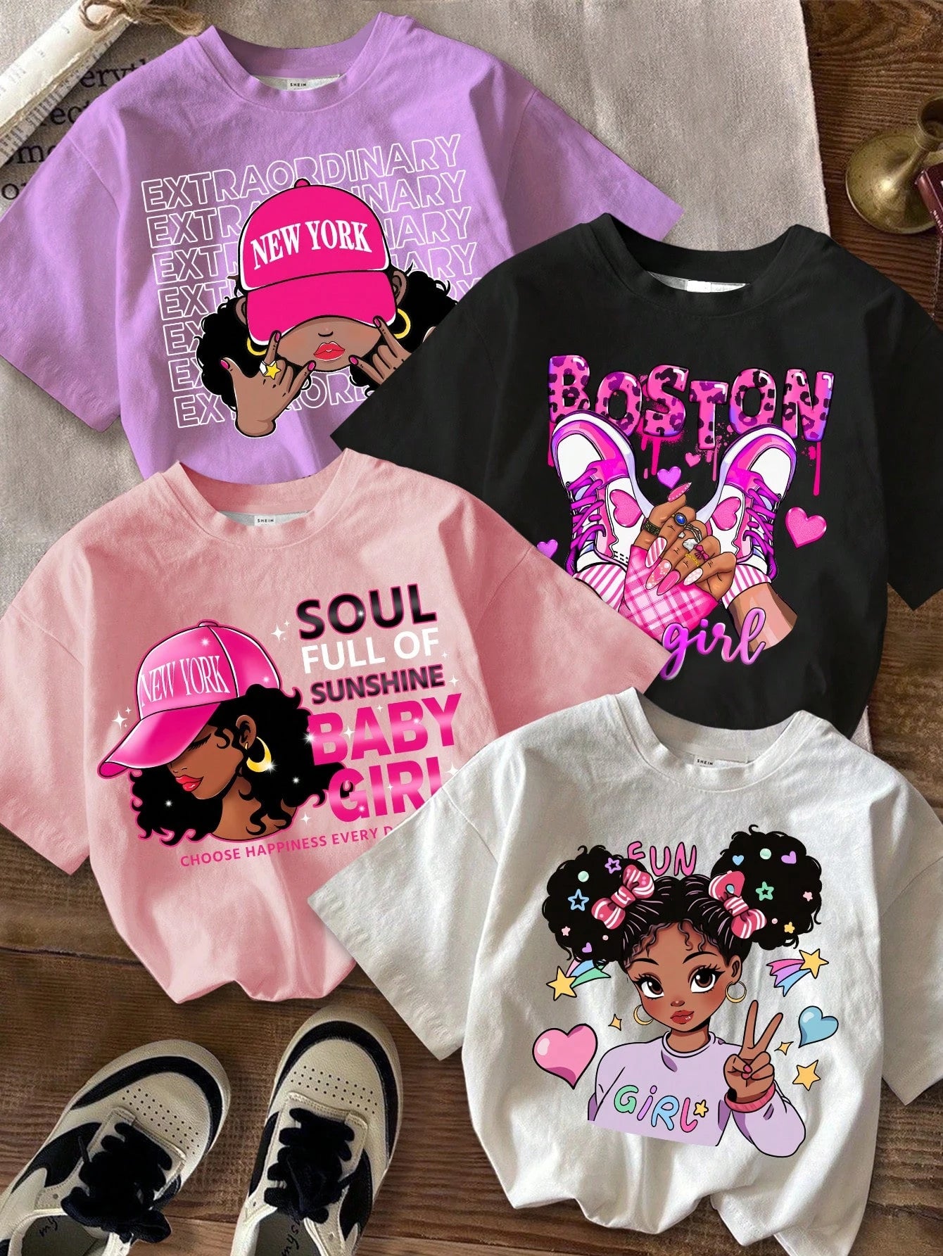 Girls Graphic T-Shirt Collection, Casual Short Sleeve Printed Tops with Cute Fashion Designs