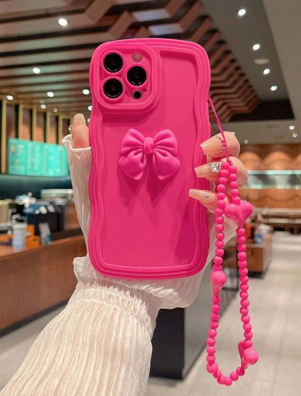 Fuchsia Silicone Phone Case with 3D Bow & Beaded Strap