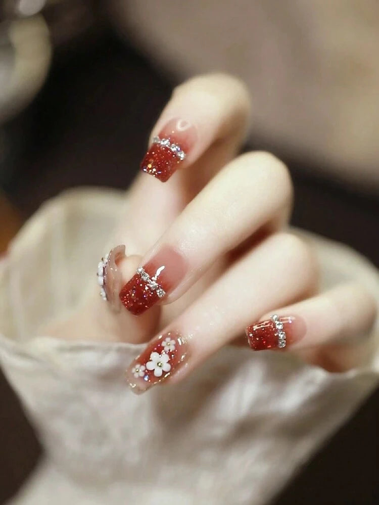 30PCS Red Glitter Floral Crystal Press On Nails – Short Square