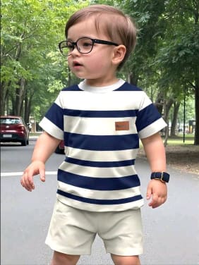 Boys Navy Striped T-Shirt and Beige Shorts Set – SHEIN Fast Delivery in 5 Days