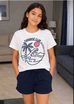 Girls White Paradise Club T-Shirt & Navy Shorts Set – 2 Piece Casual Summer Outfit, Fast Delivery in 5 Days