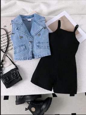 Girls Denim Vest and Black Romper Set – SHEIN Fast Delivery in 5 Days