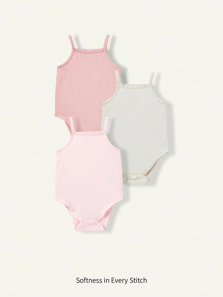 3-Pack Baby Girl Cami Bodysuit Set – Soft Cotton Sleeveless Strap Bodysuits