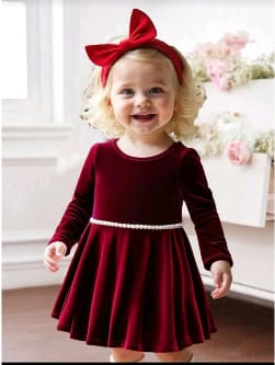 Baby Girl Velvet Party Dress – Long Sleeve Toddler Dress with Pearl Waist Detail – Burgundy Red