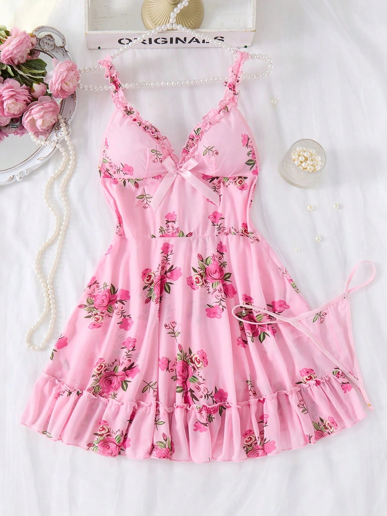 SHEIN Pink Floral Mesh Cami Nightdress Set - SHEIN Fast Delivery in 5 Days