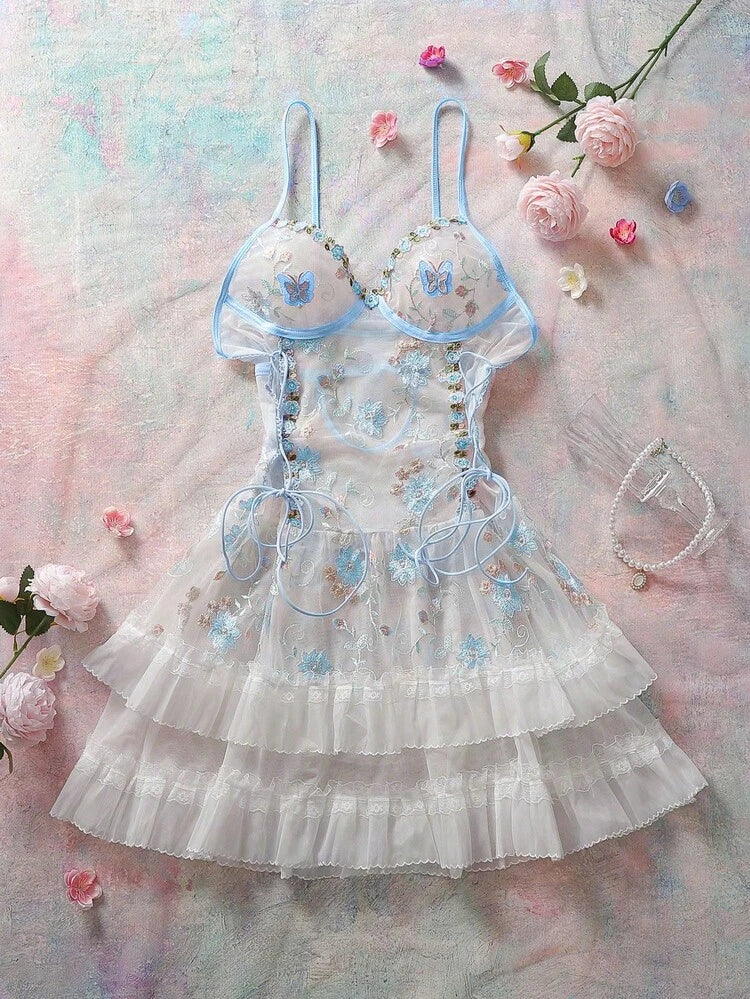 Women Butterfly Embroidered Babydoll Lingerie Dress – Sheer Mesh Nightwear