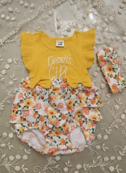 Baby Girl Yellow Daddy’s Girl Romper Dress Set with Floral Ruffles and Matching Headband, 0–3 Months