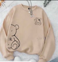 Beige Teddy Bear Oversized Sweatshirt – Casual Graphic Pullover for Women
