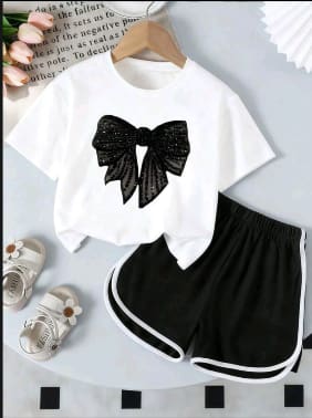 Girls White Bow T-Shirt and Black Shorts Set – SHEIN Fast Delivery in 5 Days