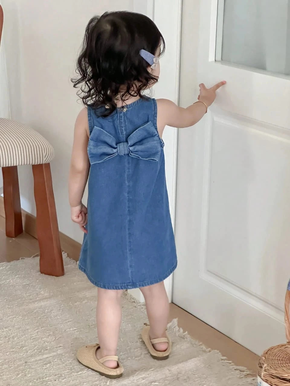 Girls Denim Dress with Back Bow – Soft Casual Design