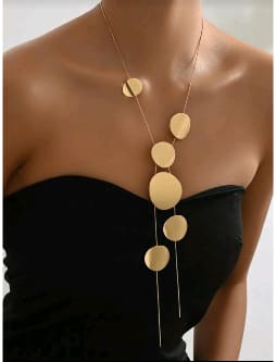 Women’s Gold Geometric Disc Pendant Necklace – Long Layered Statement Chain – Minimalist Modern Fashion Jewelry