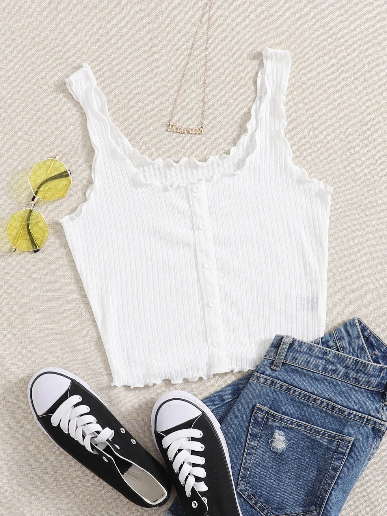 Women’s White Ribbed Ruffle Strap Button Tank Top