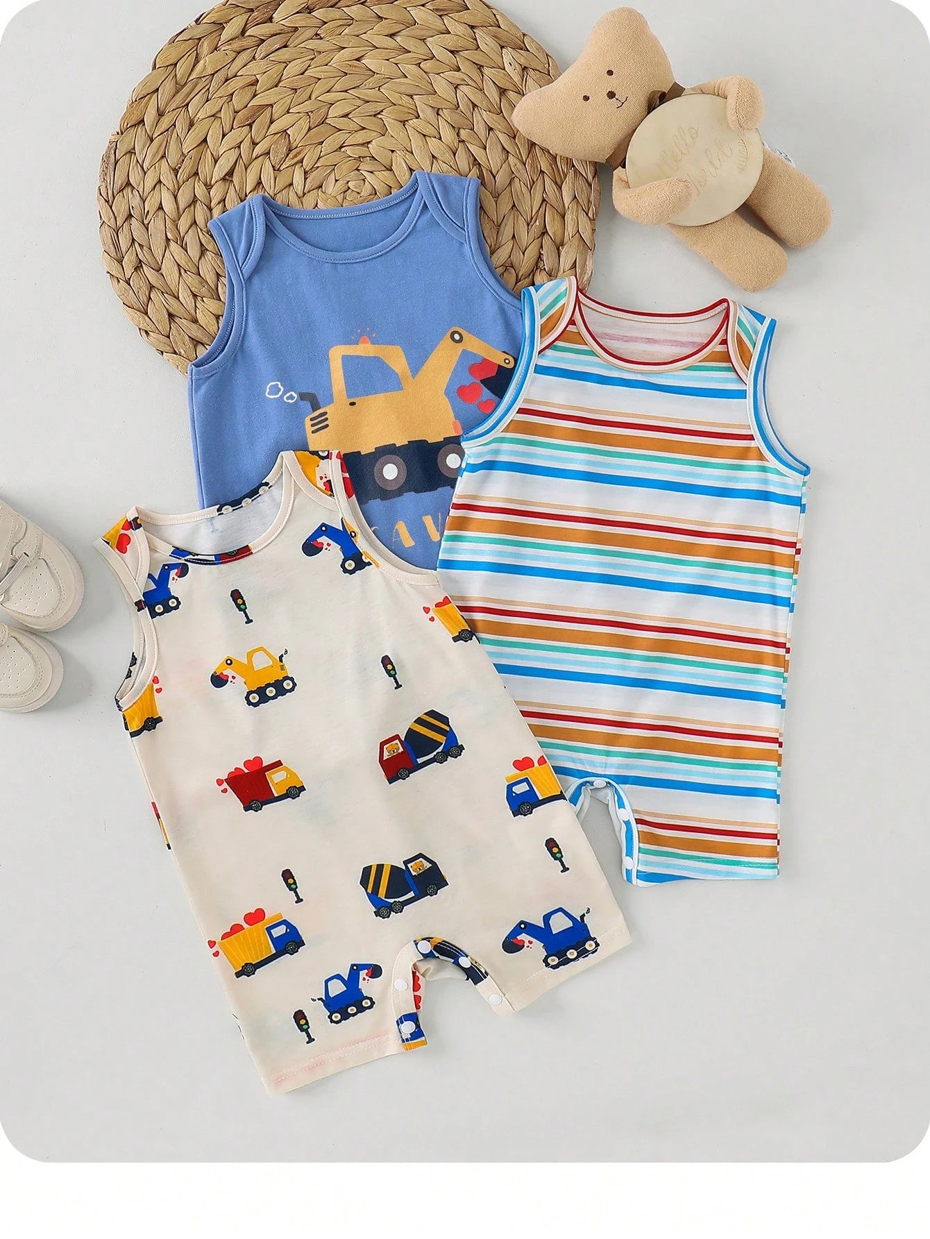 Baby Boy Sleeveless Summer Romper Set – Vehicle Print and Striped Cotton Bodysuit – Soft Casual Pack