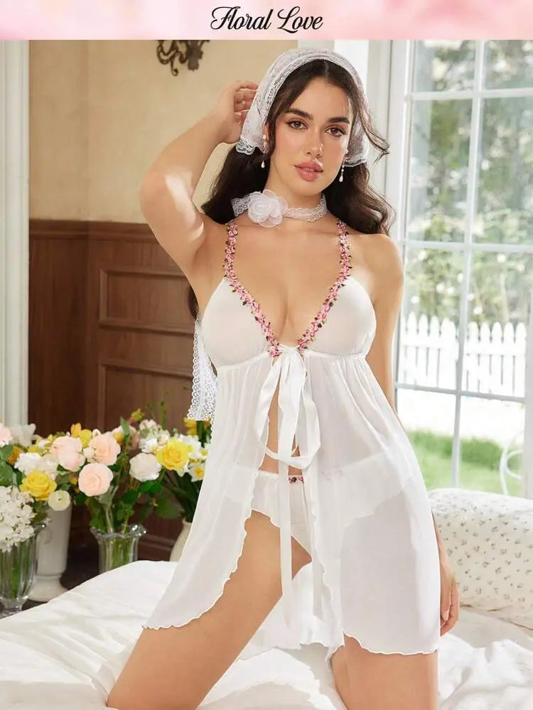 Floral Love White Babydoll Lingerie Set – Sheer Romantic Nightwear | Shein Instant Delicado