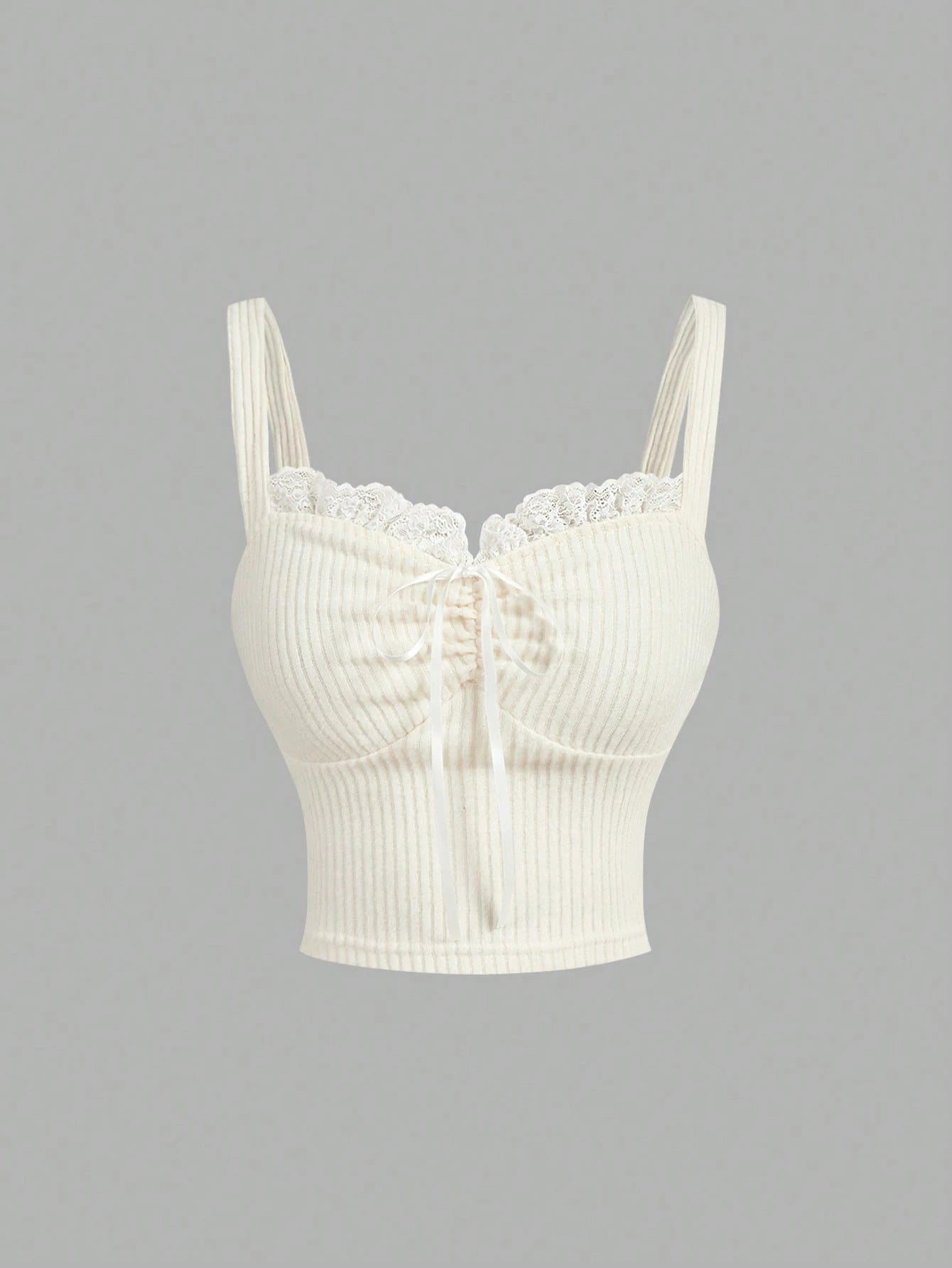 SHEIN Women’s Ivory Ribbed Lace Trim Ruched Cami Top