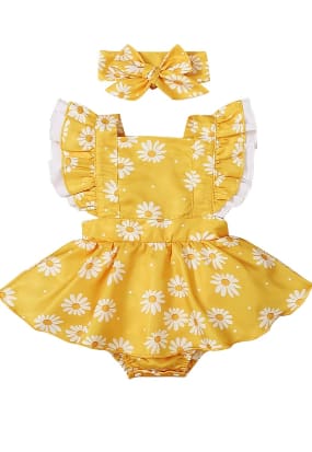 Baby Girl Yellow Daisy Romper Dress with Headband – SHEIN Fast Delivery in 5 Days