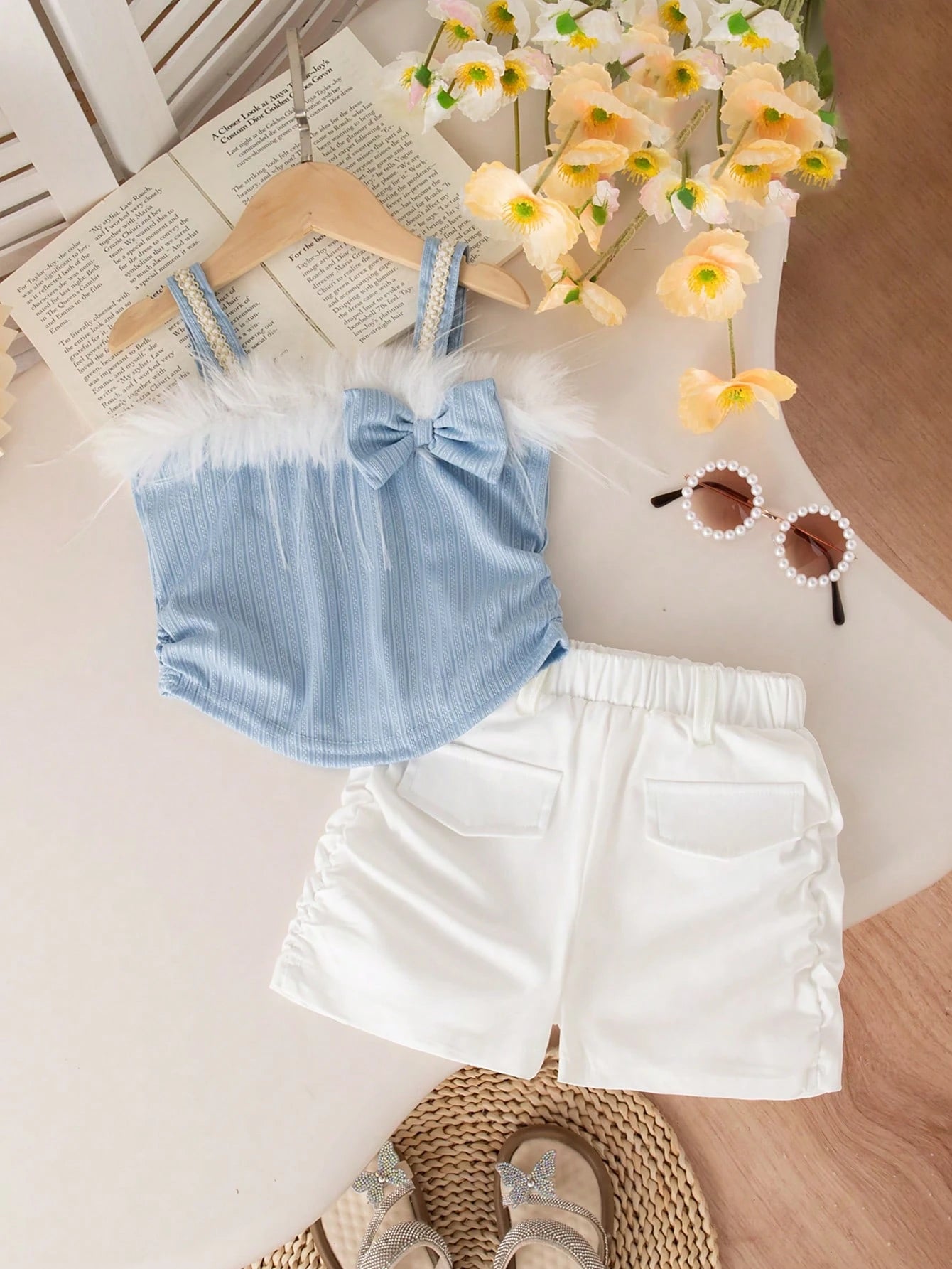 Girls Blue Faux Fur Bow Top & White Shorts Set
