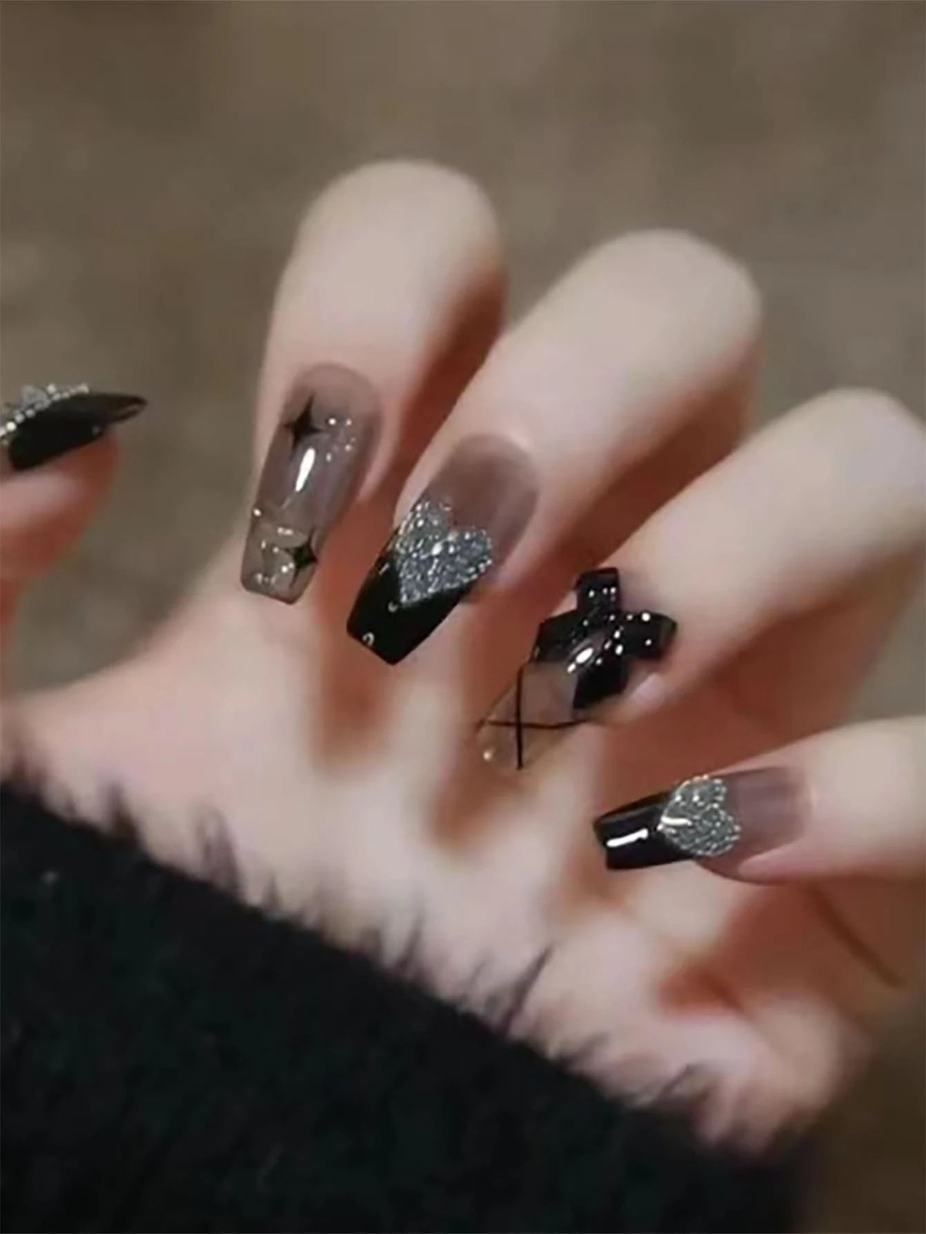 24PCS Black & Nude Glitter Press On Nails – Long Square Luxury Nail Set