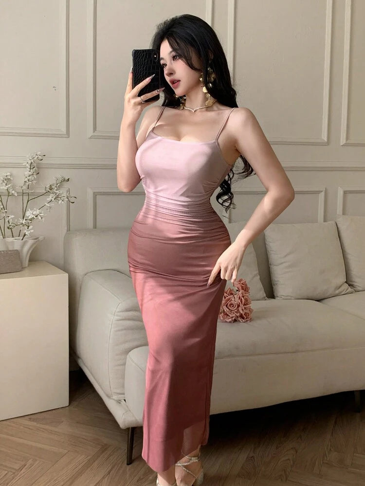 Dusty Rose Ruched Mesh Midi Dress – Sleeveless Elegant Bodycon Occasion Dress for Women