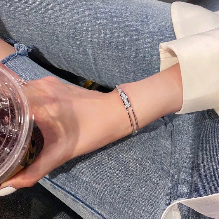 Luxury Crystal Open Cuff Bracelet – Silver Elegant Zircon Bangle for Women