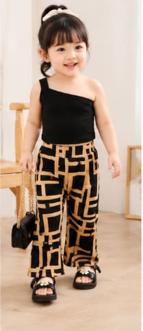 Baby Girls Black One-Shoulder Top & Beige Geometric Pants Set – Casual Outfit