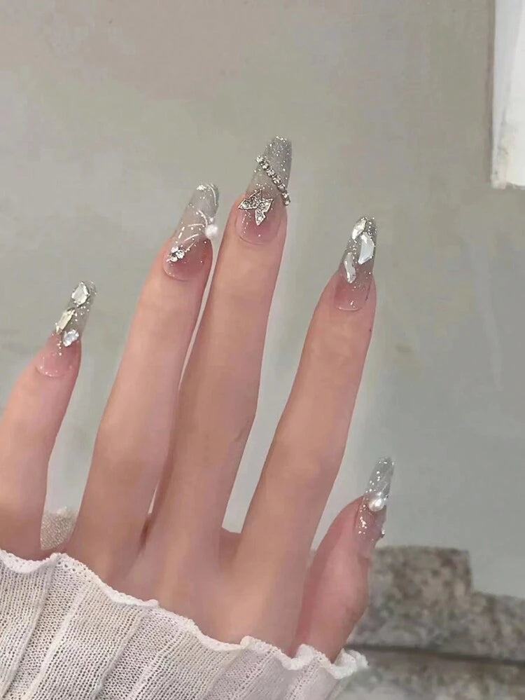 30PCS Silver Glitter Star Crystal Press On Nails – Long Almond