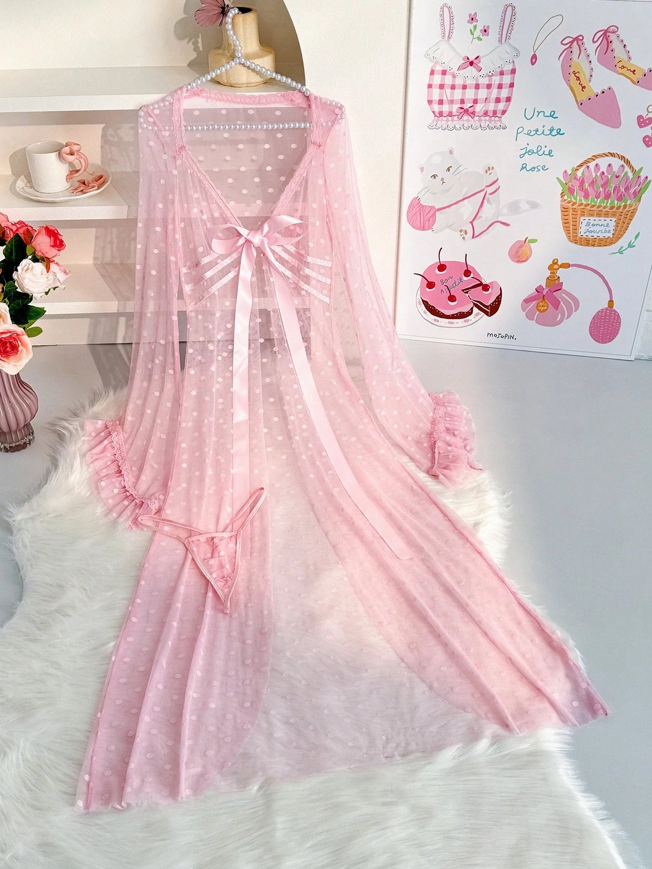 Women Pink Sheer Mesh Robe Lingerie Set – Polka Dot Nightdress with Thong