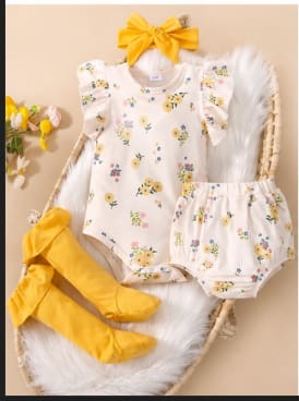 Baby Girl White Floral Romper Set with Yellow Bow Headband and Matching Socks, 0–3 Months
