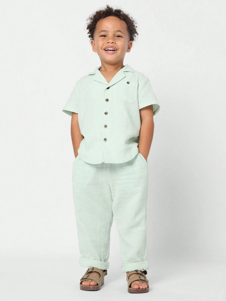 Boys Mint Green Cotton Gauze Shirt & Pants Set – Short Sleeve Button Front Summer Outfit – Soft Casual 2 Piece Kids Set