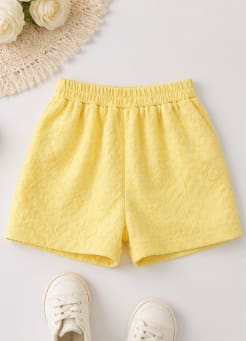 Girls Textured Yellow Shorts – Elastic Waist Summer Casual Shorts