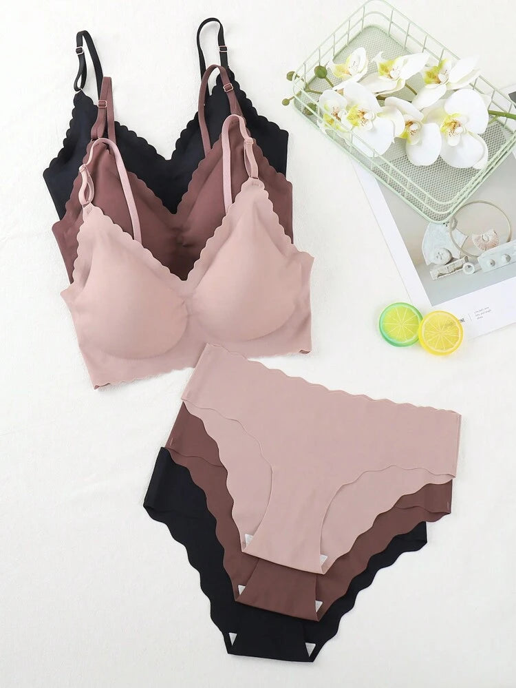 3-Pack Seamless Wireless Bra & Panty Set for Women – Soft Comfort Lingerie – Scalloped Edge – Shein Style Underwear Set