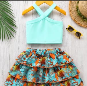 Baby Girls Mint Cross Strap Top and Tropical Ruffle Skirt Set