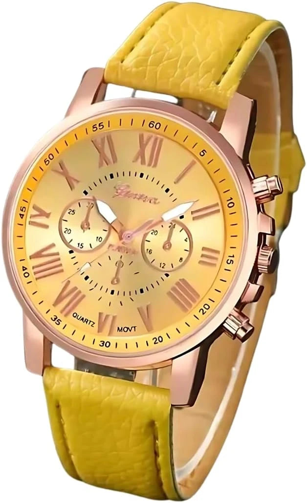 Women’s Yellow Strap Watch with Gold Dial and Rose Gold Case