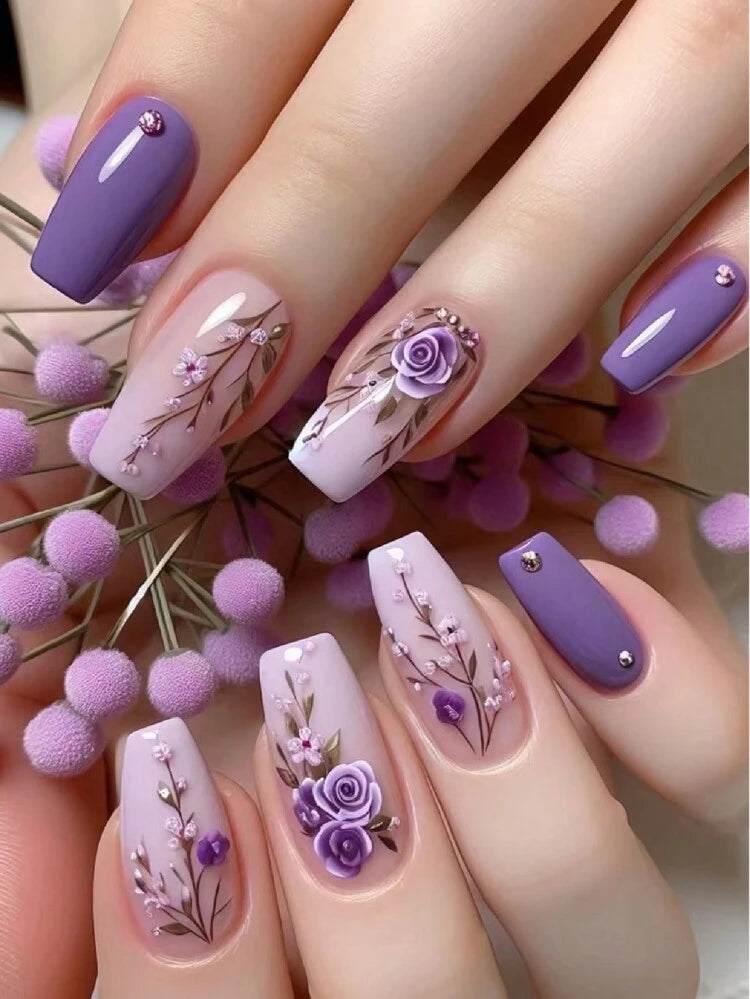 24 Pieces Press On Nails – Purple Floral 3D Design