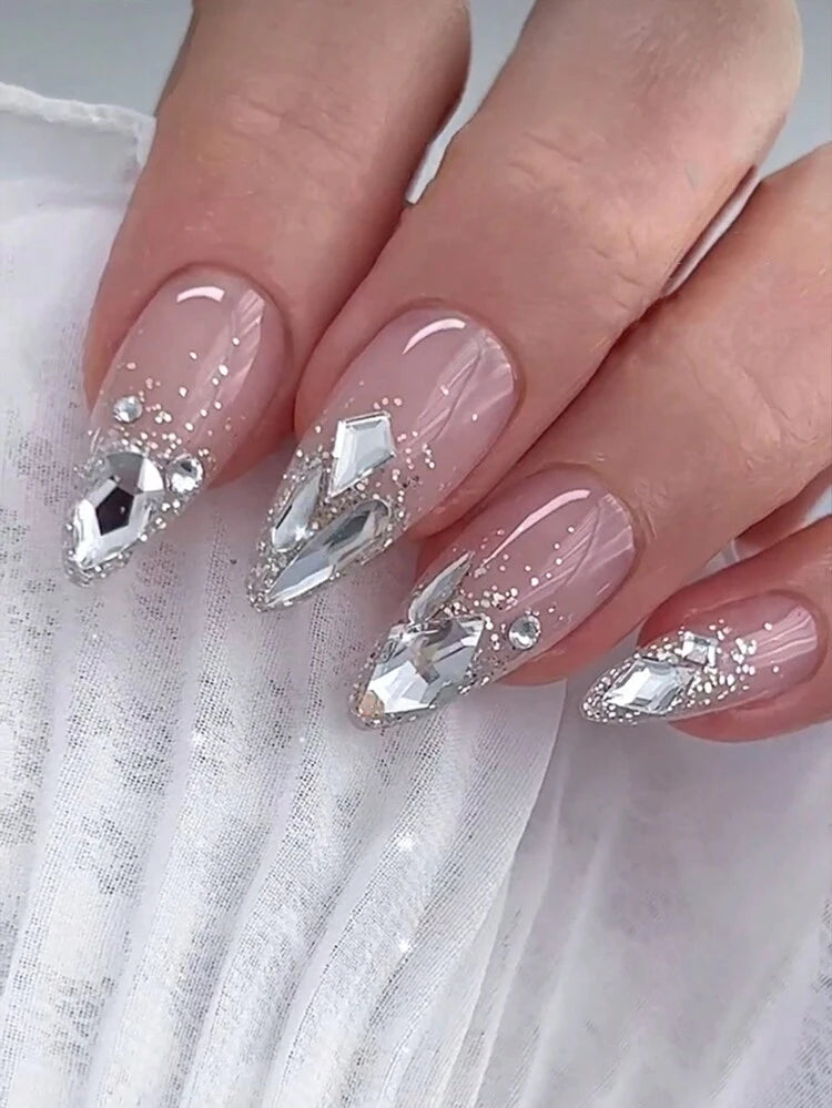 Nude Pink Press On Nails with Crystal Rhinestones – Luxury Glitter Design