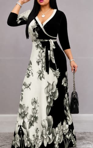 Women Elegant Floral Maxi Dress – Black & White Wrap Style Long Dress for Evening & Casual Wear