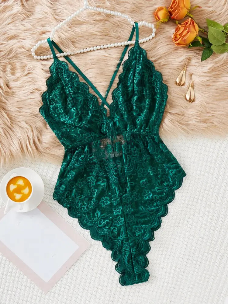 Women Emerald Green Lace Bodysuit – Shein Style Deep V Lingerie Teddy