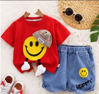 Kids Red Smiley Face T-Shirt and Denim Shorts Set