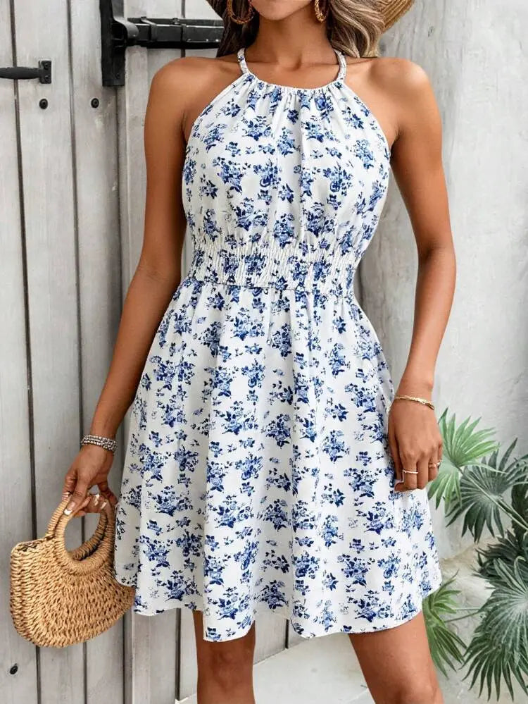 Shein Floral Back Tie Mini Dress with Elastic Waist – Sleeveless | Delicado