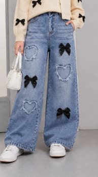 Girls Wide Leg Jeans – Bow Design Denim Pants – Cute Casual Outfit Age 16