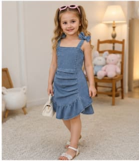 Girls Blue Denim Ruffle Dress with Bow Shoulder Straps, 5 Years